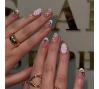Ensemble de manucure à pression adhésive avec pointe française, palette jaune rose tendre, 24 pièces ABS réutilisables en 12 tailles pour un usage quotidien