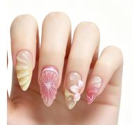 Ensemble de manucure à pression florale 3D, faux pointes dégradées rose et crème, 24 pièces de pointes de fleurs en relief brillant, ongles artificiels multi-tailles pour un look de fête quotidien,