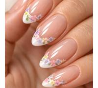 Ensemble de manucure portable avec pointe française florale, faux-embouts à presser en amande en rose chair avec finition brillante, étui de rangement et pièces de rechange