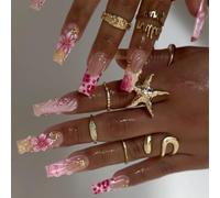 Ensemble de manucure portable long à pointe française ABS Press-Ons avec accents de fleurs 3D, plusieurs tailles pour une fête de mariage et une association de tenues quotidiennes