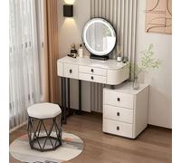 Ensemble de maquillage de luxe avec lumières LED, grands tiroirs et tabouret rembourré, bureau moderne avec table d'appoint et miroir Hollywood pour chambre à coucher glamour