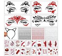 Ensemble de maquillage d'Halloween, pierres précieuses et strass, tatouages de cicatrices d'Halloween, bandeaux oreilles de chat noir, costume d'Halloween, faux tatouage de cicatrice, kit de