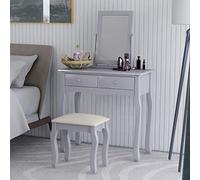 Ensemble de maquillage en bois massif gris avec miroir, tabouret et armoire de rangement à 2 tiroirs - Meuble de chambre parfait pour la beauté et la nization