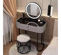 Ensemble de maquillage lumineux avec tabouret rembourré et miroir 2 grands tiroirs et plateau en verre trempé - Coiffeuse compacte pour chambre à coucher - Finition grise - 50 cm