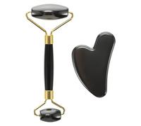 Ensemble de Massage Facial à Rouleau Manuel en Pierre Noire 2 Pièces | Planche de Gua Sha, Duo Léger pour Visage et Nuque, Usage Raffermissant
