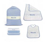 Ensemble de maternelle 4 pièces personnalisées - coton fabriqué en Italie - sac, bavoir, serviette et sachet avec broderie, nom - bleu clair
