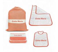 Ensemble de maternelle 4 pièces personnalisées - coton fabriqué en Italie - sac, bavoir, serviette et sachet avec broderie, nom - orange