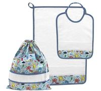 Ensemble de maternelle à broder au point de croix, trois pièces: sac, lingette et bâillon, ensemble de maternelle en éponge blanche et tissu fantaisie objets scolaires