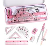 Ensemble de mathématiques avec rapporteur et boussole avec boîte en métal, boussole à dessin avec règles, kit de compas de mathématiques pour fournitures de classe et école 9 pièces