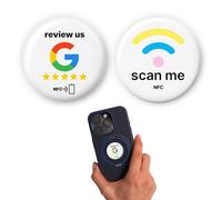 Ensemble de mélange anglais : 1 x Google « Review us » + 1 x autocollant Scan Me NFC - Commentaires de collection ou lien n'importe où - Programmable, adhésif 3M, réutilisable - 3 cm de diamètre