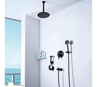 Ensemble de mélangeur de Douche dissimulé Noir avec pulvérisateur à Main, douchette à Main, Pomme de Douche Ronde de 10 Pouces, Pomme de Pluie, Eau Chaude Froide pour Salle de Bain
