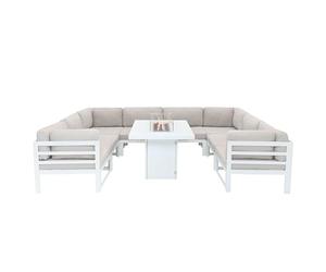 Ensemble de Meuble de Jardin Modulaire Blanc Canapé & Table En Forme de U 8 Places Avec Foyer À Gaz 9 Pièces En Aluminium Pour Salon Salle À Manger Patio Extérieur Conversion d'Angle & Housse De Pluie