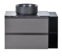 Ensemble de meuble de lavabo flottant, plateau en marbre, bac rond en céramique, 2 tiroirs sans poignée, compartiments latéraux, meuble de salle de bain, imperméable, facile à nettoyer, rangement des