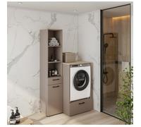 Ensemble de meuble de rangement pour machine à laver collection WASHING - Meuble bas et meuble haut - Taupe et chêne