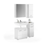 Ensemble de Meuble de Salle de Bain : Meuble sous Vasque + 2 Demi Colonne + Meuble de Rangement avec Miroir - Blanc laqué - KLEA
