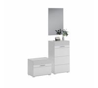 Ensemble de Meuble d'entrée : Miroir + Meuble à Chaussures + Meuble de Rangement - Blanc laqué - KLEANKIN