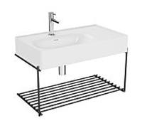 Ensemble de meuble-lavabo VitrA Equal 64084 avec vasque asymétrique de 80 cm, finition laquée blanc brillant, et étagère en métal noir mat.