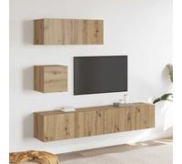 Ensemble de Meuble TV Mural 4 pièces en chêne Massif Artisanal, Meuble de Salon Moderne avec étagères et Rangement pour Home cinéma et Salon Design