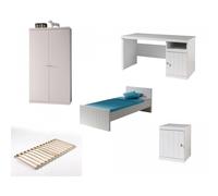 Chambre enfant 5 pièces lit sommier chevet bureau et armoire 2 portes bois laqué blanc Robin 90x200 cm