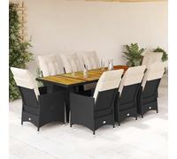 Ensemble de meubles de bistrot de jardin 9 pièces avec coussins, rotin noir PE, dossier et repose-pieds réglables, table d'appoint en bois d'acacia, housses amovibles lavables