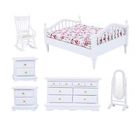 Ensemble de Meubles de Chambre Blanche en Bois Miniatures à l’échelle 1:12 pour Maison de poupées, Jeu de 6 pièces Comprenant Un lit Double, Une Commode, Un Miroir et Une Chaise ;