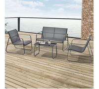 Ensemble de meubles de jardin 4 pièces Anzi table basse banc et 2 chaises acier verre trempé de 5 mm textilène gris