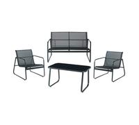 Ensemble de meubles de jardin 4 pièces Anzi table basse banc et 2 chaises acier verre trempé de 5 mm textilène noir