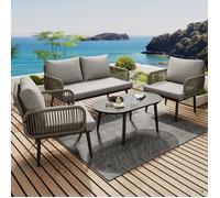 Ensemble de meubles de jardin 4 places,Canapé 2 Places, 2 Fauteuils et Table Basse, Verre Imitation Bois, Coussins Inclus, Gris