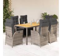 Ensemble de meubles de jardin 7 pièces avec coussins - Gris rotin PE avec dossier réglable et repose-pieds - Table d'appoint en bois d'acacia - Chaise de jardin confortable - Amovible