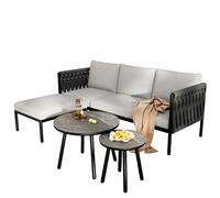 Ensemble de meubles de jardin avec canapé 3 places et repose-pieds - Tresse en corde - Table en verre avec aspect marbre - Groupe de sièges d'extérieur pour terrasse, balcon, piscine, résistant aux