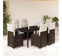 Ensemble de meubles de jardin bistro 7 pièces avec coussins, marron en polyrotin, fauteuils réglables, plateau de table en verre trempé, résistant aux UV, pour terrasse, balcon