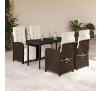 Ensemble de meubles de jardin en polyrotin marron avec coussins, chaise réglable et table d'appoint en verre trempé
