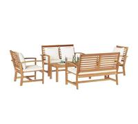 Ensemble de meubles de jardin en teck naturel et crème : 2 bancs, 1 table. Design costaud, bois massif, finition lisse. Parfait pour les terrasses et balcons. Couleur marron, tissu respirant, idéal po