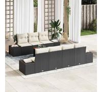 Ensemble de meubles de jardin modulaire en polyrotin noir 8 pièces avec coussins en polyester et bois d'acacia, composé de quatre canapés latéraux et de trois chaises centrales