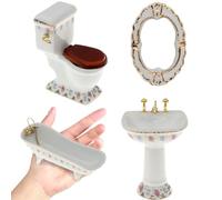 Ensemble de Meubles de Maison poupée 4 pièces/Ensemble, Salle Bain en Porcelaine 1/12, Comprenant Toilettes, Baignoire, lavabo et Miroir, Meubles Miniatures réalistes, Accessoires Bricolage