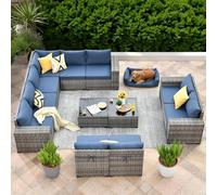 Ensemble de meubles de patio d'extérieur 12 pièces avec canapé modulaire en osier, canapé de conversation en rotin à assise profonde, table basse et coussins épais pour terrasse, jardin, porche, salon