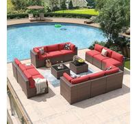 Ensemble de meubles de patio en osier 14 pièces avec canapé sectionnel d'extérieur avec coussins épais et table basse, ensemble de conversation modulaire en rotin pour jardin, terrasse, jardin, porche