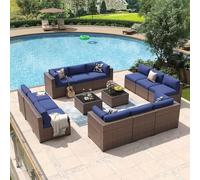Ensemble de meubles de patio en osier 14 pièces avec canapé sectionnel d'extérieur avec coussins épais et table basse, ensemble de conversation modulaire en rotin pour jardin, terrasse, jardin, porche