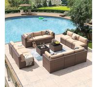 Ensemble de meubles de patio en osier 14 pièces avec canapé sectionnel d'extérieur avec coussins épais et table basse, ensemble de conversation modulaire en rotin pour jardin, terrasse, jardin, porche