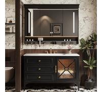 Ensemble de meubles de salle de bain 100 cm avec lavabo, armoire à miroir LED, rangement de salle de bain moderne noir, élégant et fonctionnel, idéal pour la rénovation de la maison