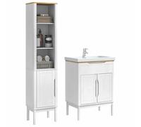 Ensemble de meubles de salle de bain 2 pièces en bois de pin blanc | Étagères réglables, design peu encombrant, pin massif, style moderne
