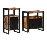 Ensemble de meubles de salle de bain 2 pièces en bois recyclé massif marron | Cadre en métal, tons marron chauds, portes de chasse d'eau lisses, poignées de tringle, grandes et petites armoires
