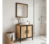 Ensemble de meubles de salle de bain 2 pièces en fer et bois massif de | Stable, 2 portes, surface en verre transparent, peu encombrant, grain unique, look industriel