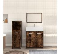 Ensemble de meubles de salle de bain 3 pièces en bois contreplaqué chêne fumé avec miroir et grand rangement, armoire élégante pour salle de bain ou toilette avec poignées pratiques