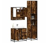Ensemble de meubles de salle de bain 3 pièces en bois de chêne fumé avec | Cadre en métal pour plus de stabilité, miroir en verre transparent, espace de rangement pour ustensiles de salle de bain