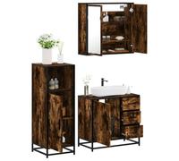 Ensemble de meubles de salle de bain 3 pièces en bois de chêne fumé avec | Cadre en métal, résistant à l'humidité, grand espace de rangement, surface miroir en verre transparent