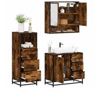 Ensemble de meubles de salle de bain 3 pièces en bois de chêne fumé avec | Résistant à l'humidité, cadre en métal stable, grand espace de rangement, surface en verre transparent