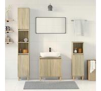 Ensemble de Meubles de Salle de Bain 3 Pièces en Bois d'Ingénierie et Eucalyptus Massif, Design Stable et Grand Rangement, rangement salle de bain, Chêne Sonoma, Meuble Sous-Vasque 58x33x60cm
