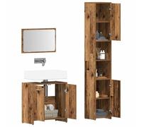 Ensemble de meubles de salle de bain 3 pièces en bois vieilli multicouche | Avec miroir, meuble évier 60 cm, armoire haute 183,5 cm, capacité 60 kg