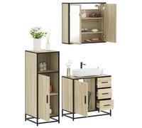 Ensemble de meubles de salle de bain 3 pièces en chêne Sonoma avec meuble | Cadre en métal pour plus de stabilité, miroir en verre transparent, beaucoup d'espace de rangement, résistant à l'humidité